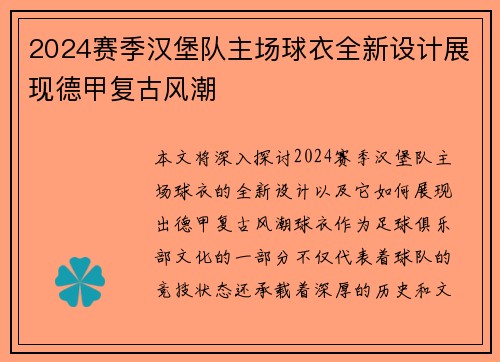 2024赛季汉堡队主场球衣全新设计展现德甲复古风潮