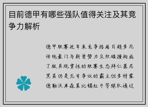 目前德甲有哪些强队值得关注及其竞争力解析